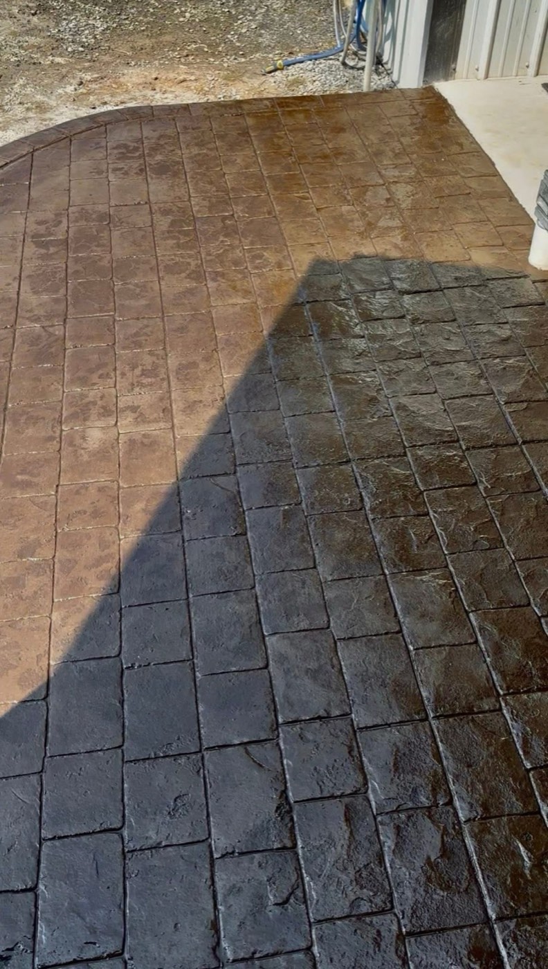 Close-up of a sealed stamped concrete finish